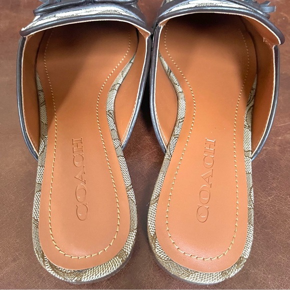 Coach Stassi Monogram Logo Printed Coated Canvas Leather Trimmed Slide In Mules - Picture 4 of 10